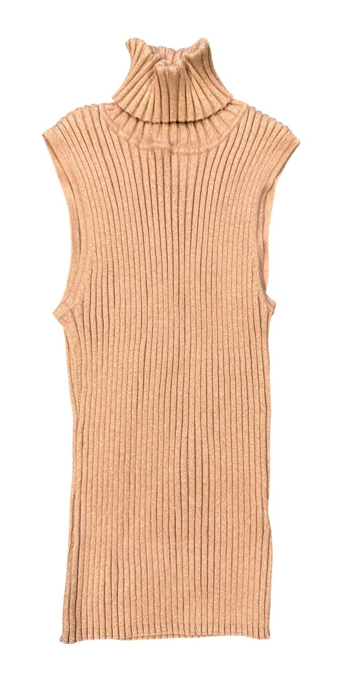 Apostrophe Ribbed Metallic Turtleneck Sweater Top Pink Sleeveless Women's S